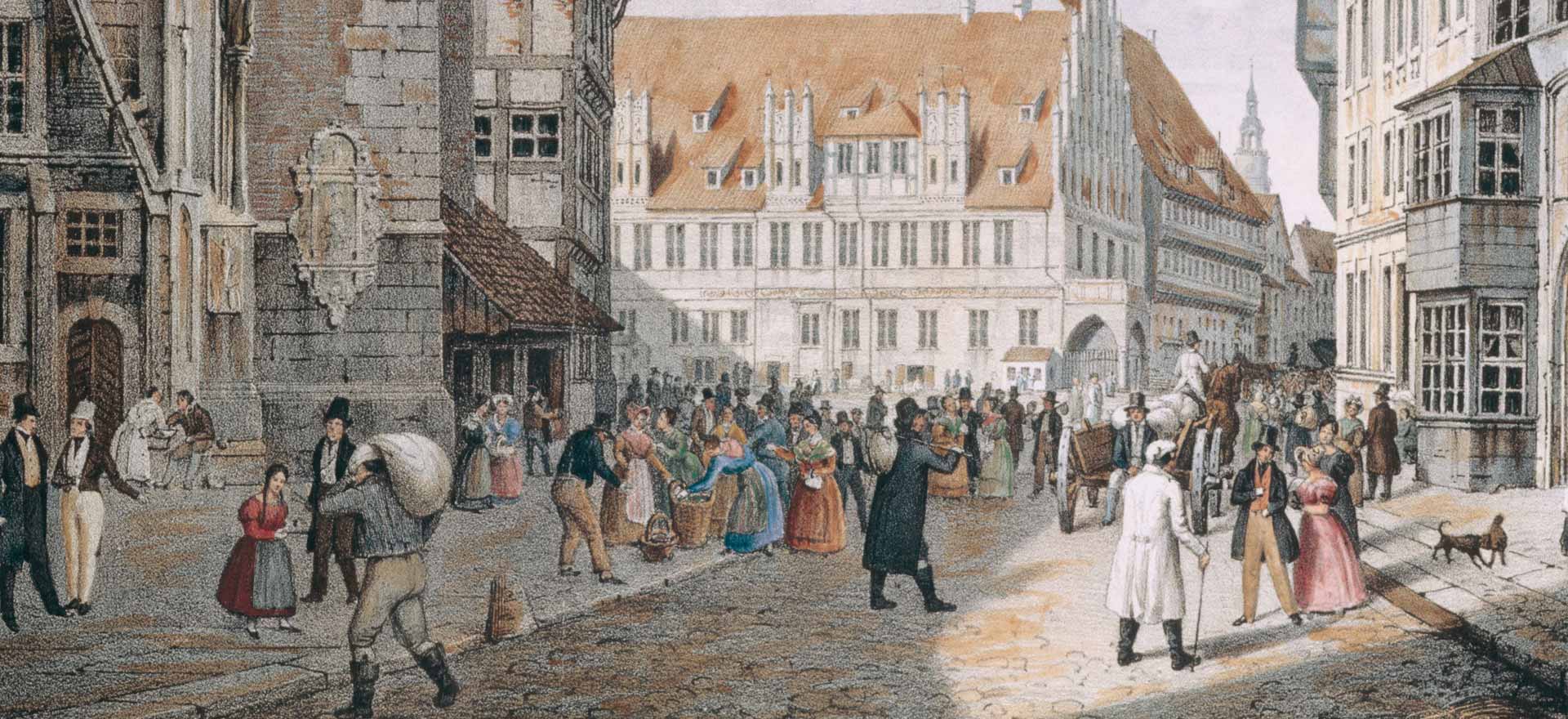 Markt mit Altem Rathaus und Hauptportal der Marktkirche.