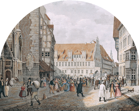 Historische Straßenszene mit Fachwerkhäusern und Menschen in traditioneller Kleidung